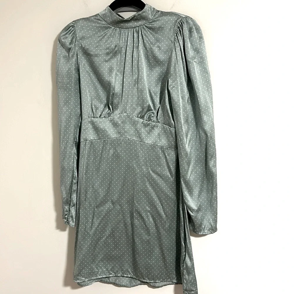 Reformation Samuel LS Mint polka dot mini dress  fall cottagecore 100% silk